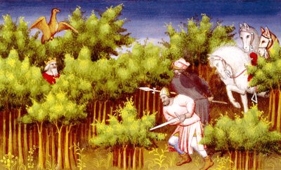 Fr 2810 f.200v, Genghis Khan undslipper sine fjender ved at gemme sig i buskene, fra Livre des Merveilles du Monde, ca. 1410-12 (tempera på vellum) af French School